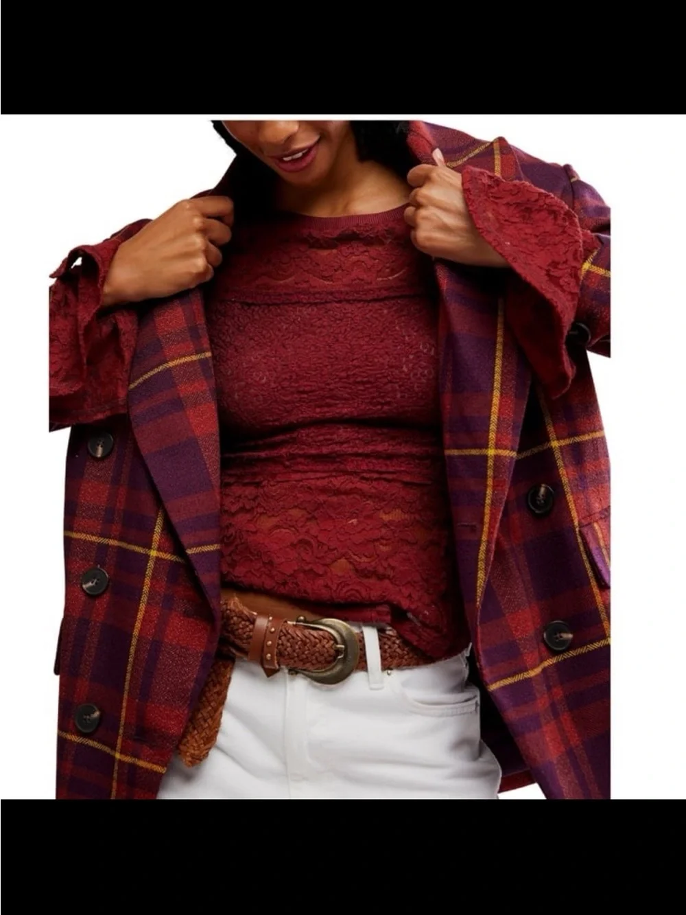 Free People Burgundy Lace Long-Sleeve Boatneck Top lace sheer